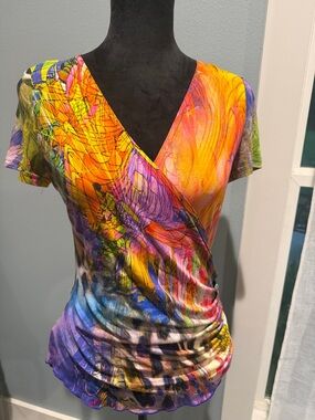 Joseph Ribkoff Abstract Print V Wrap Viscose Scrunched Waist Short Sleeve Top